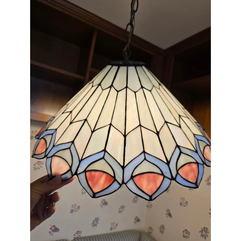 Tiffany Style Stained Glass Pendant Light Peacock Feather Slag Glass Lamp Cream